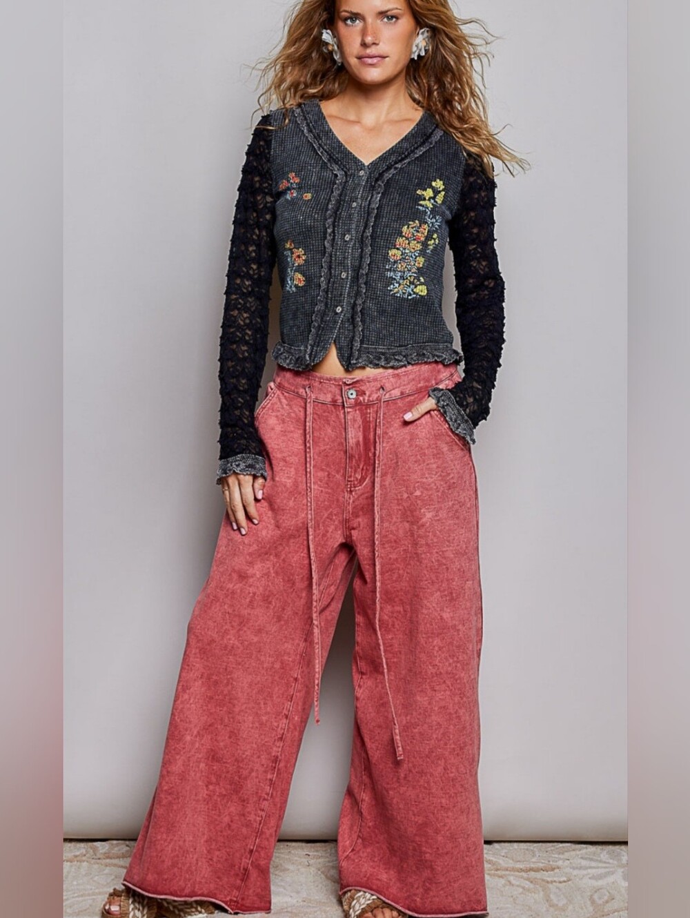 #1848 POL Free Spirit French Terry Wide-Leg Pants - Scarlet Red